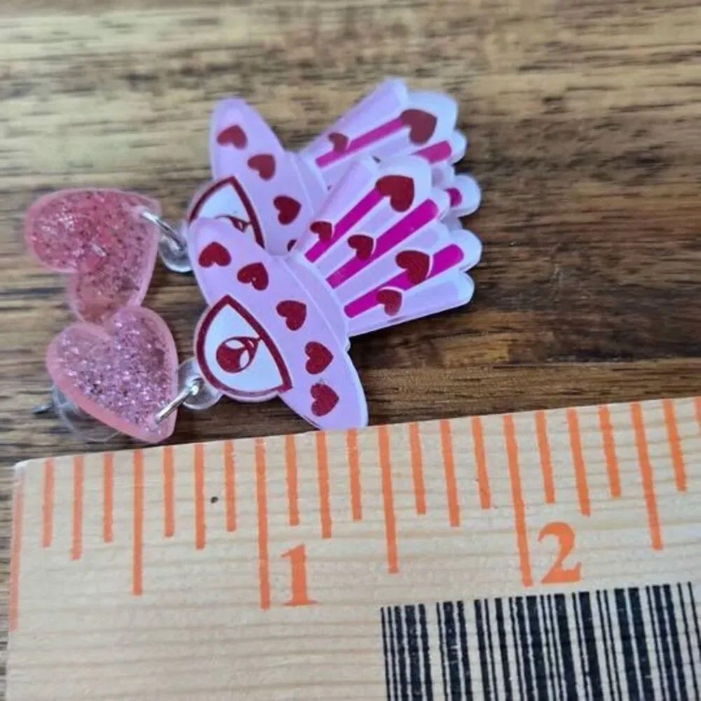 Pink Alien UFO Heart Acrylic Dangle Earrings | Glitter Heart Studs